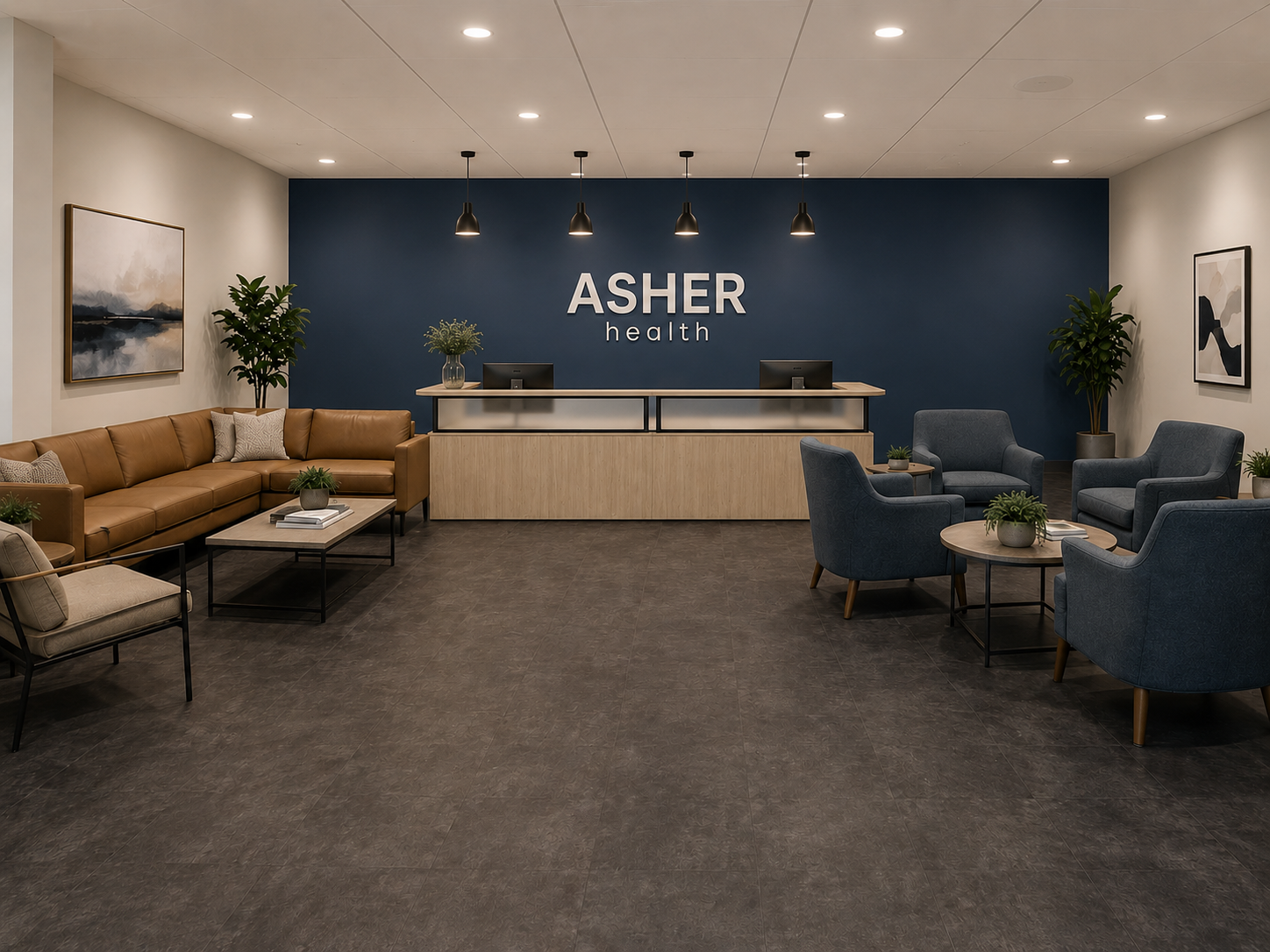 ASHER Health headquarters lobby with the ASHER health wordmark behind the reception desk